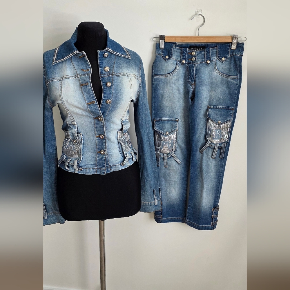 Y2K Mariella Burani Coord Set Denim Jacket & Low Rise Cargo Capri Swarovski XS